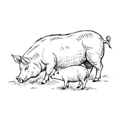 Pig mother feeds piglets. Sketch scratch board imitation.