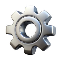 Glossy Silver Plastic Gear Icon with Realistic Depth, Beveled Edges, and Mechanical Texture, Transparent Background