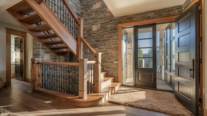 Fototapeta premium Rustic staircase and entryway with stone accent wall