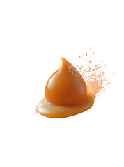 Isolated caramel drop on a transparent backdrop, highlighted by scattered granules, emphasizing rich texture and vibrant color against the dark background.