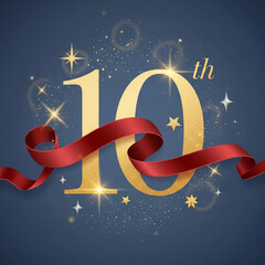 金色の数字「10」と赤いリボンが描かれた10周年記念のイラスト。記念日、お祝い、成功、イベント、パーティー、マイルストーン。