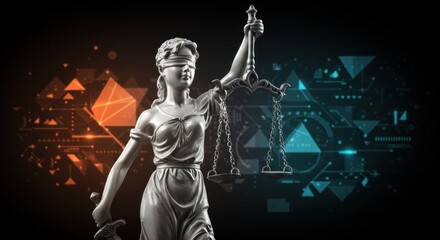 Fototapeta premium Digital Justice: Themis Statue with Futuristic Orange and Blue Geometric Background