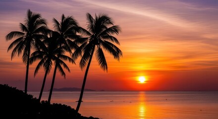 Obraz premium Tropical Paradise Sunset with Palm Trees Silhouette over Ocean Water