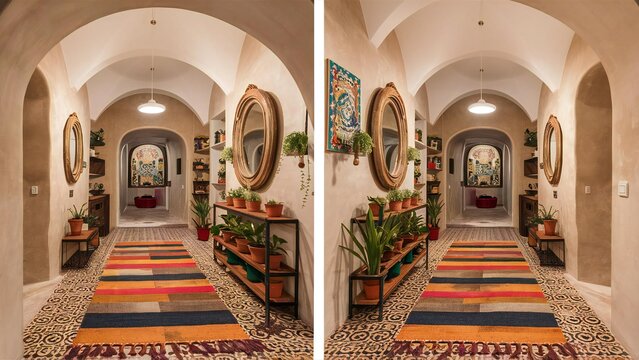 Ornate hallway with colorful rugs and arched ceilings