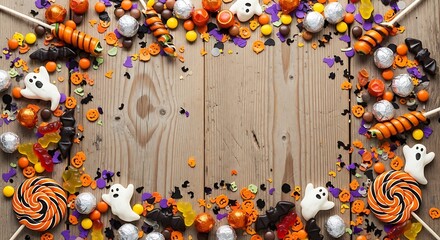Naklejka premium Colorful halloween candy assortment on wooden surface with spooky figures creating a festive frame