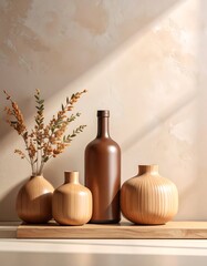 Still life of wooden and glass vessels