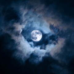 Full moon shines brightly through swirling dark blue clouds in the night sky
