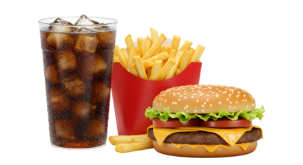 Fast food meal with burger fries and soda, ideal for dining design and advertising - Isolated White Background