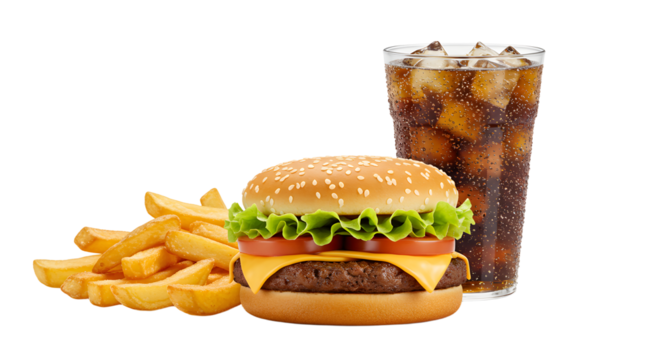 Fast food meal including burger fries and soda, ideal for restaurant advertising and menu design - Isolated White Background