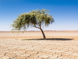 Solitary Willow Tree with Motion Blur from Wind in a Desert
