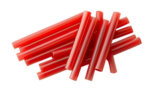 Set of red plastic wall plugs or dowels used for mounting and fastening isolated on white background