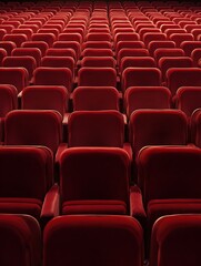 Fototapeta premium Rows of empty red velvet seats fill a darkened movie theater before showtime