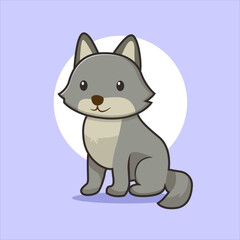 Adorable cartoon wolf sits patiently in a soft pastel setting