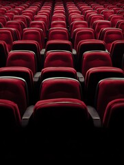 Naklejka premium Rows of empty red theater seats recede into dark shadows providing a captivating perspective