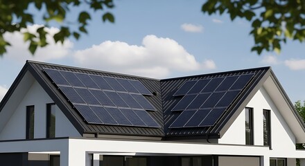 Fototapeta premium Modern home roof with solar panels under a bright sky