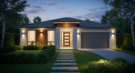 A modern take on modern single-story house with landscaped front yard at dusk in suburban neighborhood.