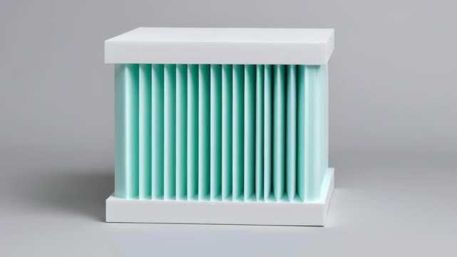 Air filter technology and innovation concept, Air filter with a textured design and light blue accents.