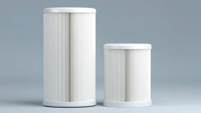 Air filter technology and innovation concept, Two cylindrical filters of different sizes on a gray background.