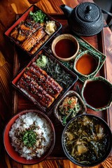 Overhead view of a Japanese meal with grilled eel, rice, soup, and side dishes served on a wooden tray