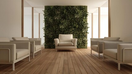 Modern living room with vertical green wall and comfortable seating