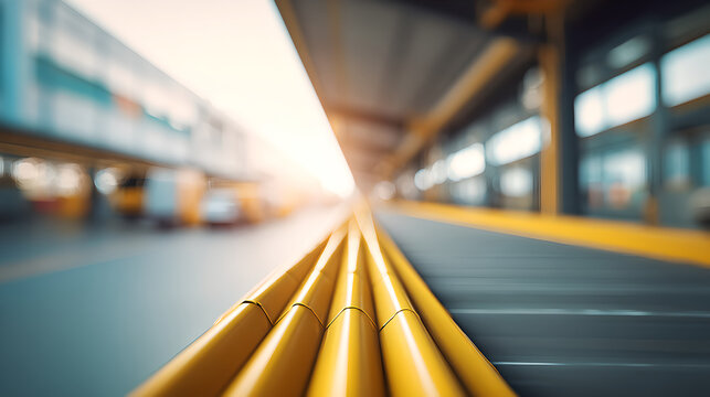 A close-up of a yellow train station platform with pipes in the foreground.
