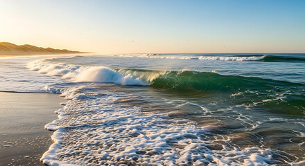 Waves crashing on a sandy beach with dunes and a clear sky in the background at sunset or sunrise