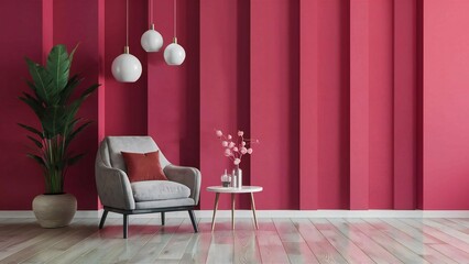 Modern living room with plush armchair and bold red accent wall