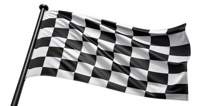 Realistic Black and White Checkered Racing Flag Waving on Transparent Background
Isolated Racing Flag on Black Pole with Transparent Background