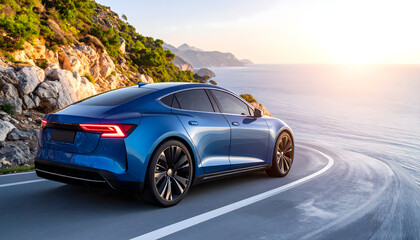 Naklejka premium Sleek Blue Electric Car Driving Along Coastal Winding Road at Sunset