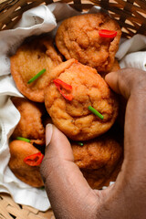 Overhead view of Akara in a basket, top view of nigerian akara fried beans cake