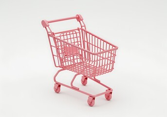 Pink Miniature Shopping Cart Symbolizing Retail Therapy and Online Shopping Convenience isolated on white background