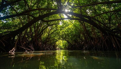 Obraz premium Sunlit mangrove river view from water