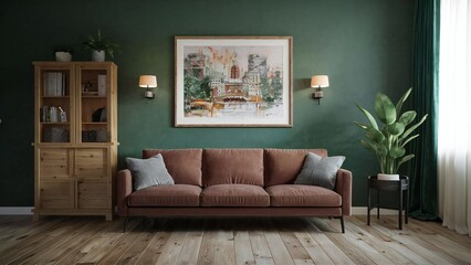 Cozy living room with plush sofa and green walls