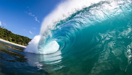 Towering blue ocean wave curls perfectly