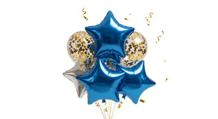 Blue star-shaped and gold confetti balloons cluster for party decoration and celebration design elements - Isolated White Background