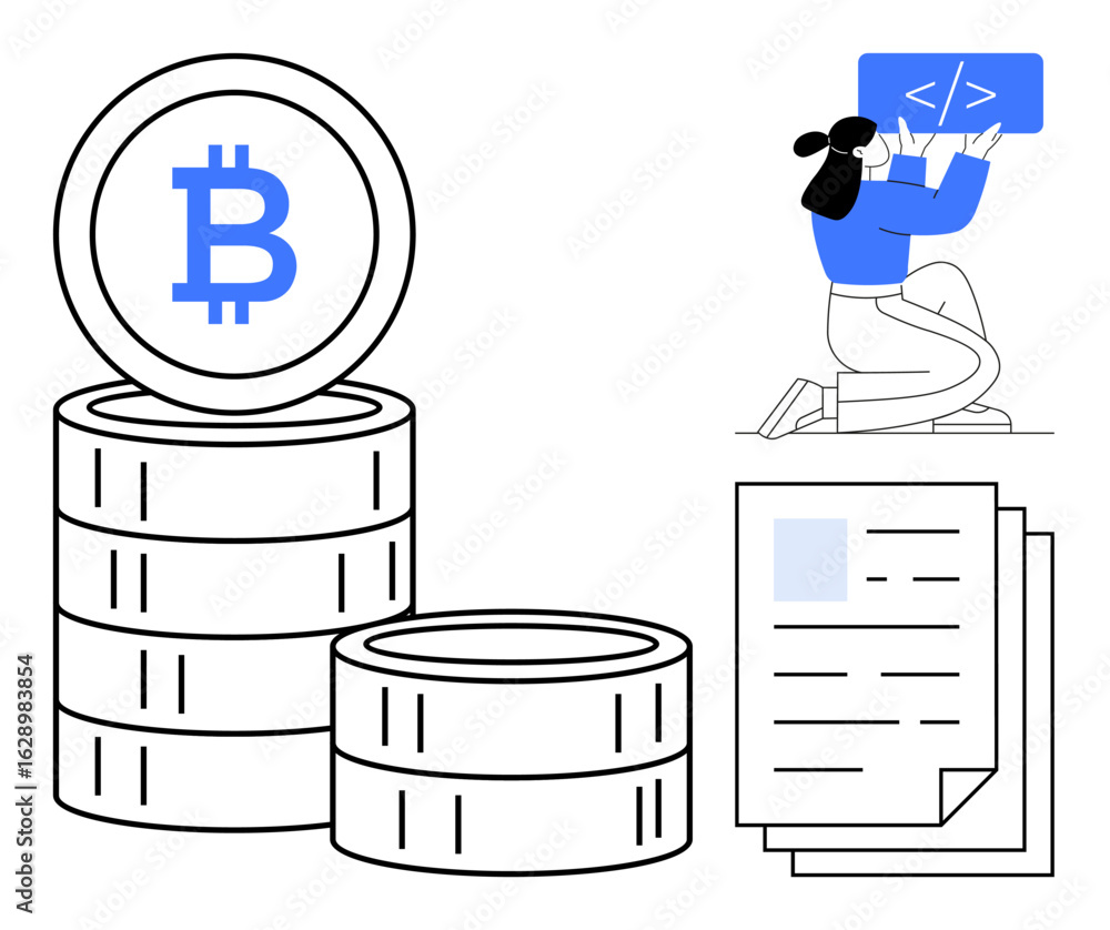 Aufkleber bitcoin coin stacks, woman working on coding, and papers symbolizing transaction records. ideal for 