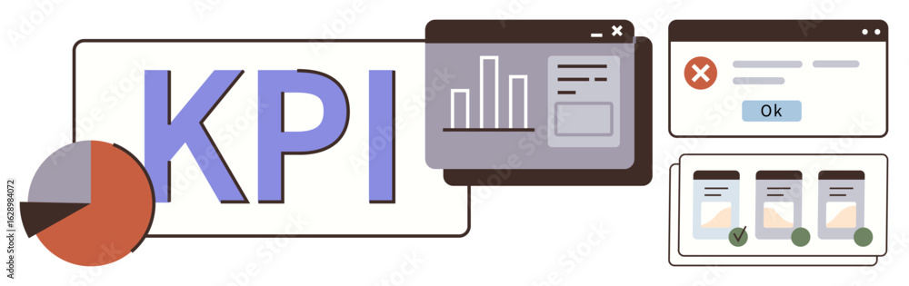 Poster kpi text alongside pie chart, bar graph, error message, and progress panels. ideal for analytics, pe