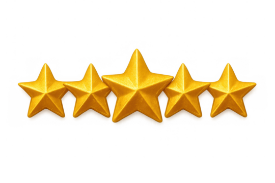 Golden star rating symbols indicating top quality ranking, displaying perfect customer satisfaction on clear transparent surface