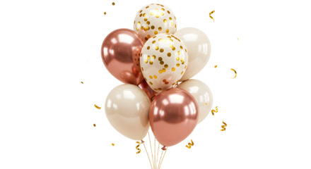 Elegant rose gold and white balloons with gold confetti, perfect for weddings, anniversaries, birthday parties, and festive celebrations in design projects - Isolated White Background