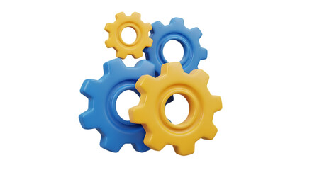 Interlocking blue and yellow gears working together isolated on transparent background