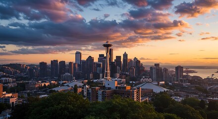 Fototapeta premium Aerial view of Seattle skyline at sunset with vibrant clouds and cityscape, showcasing the iconic and waterfront. – reimagined view