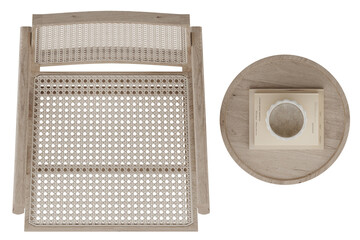 Top View of Wooden Rattan Lounge Chair and Round Table with Book and Ceramic Bowl – Isolated Cutout Furniture