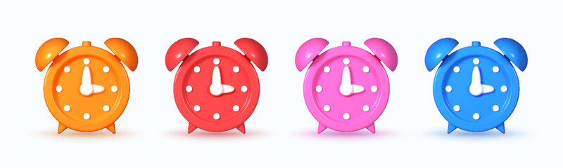 Set of 3D alarm clock emoji icons featuring colorful table clocks in blue, yellow, pink, and red. Perfect for representing wake up time, reminders, and daily schedules.