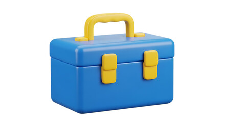 Bright blue toy toolbox with yellow handle and latches isolated on transparent background