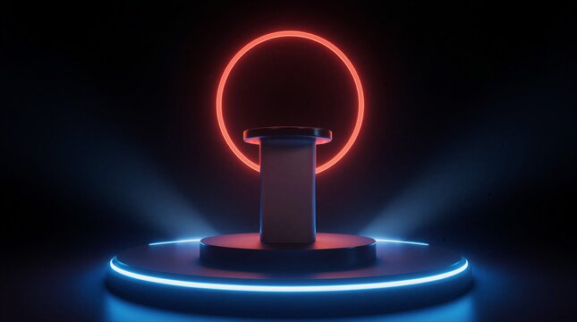 digital podium illuminated with neon glow in dark setting for product showcase | product display, showcase, technology, event, marketing theme