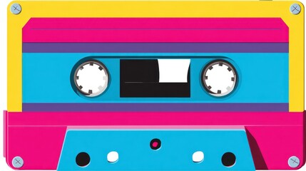 Fototapeta premium Colorful cassette tape illustration with pink, blue, purple, and yellow design