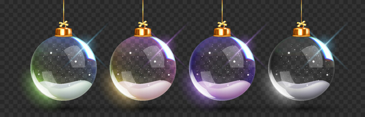 Christmas and New Year 3D glass bauble set with snow inside. Realistic transparent ornaments with snowflake details. Ideal for winter holiday decoration, greeting cards, and festive designs.