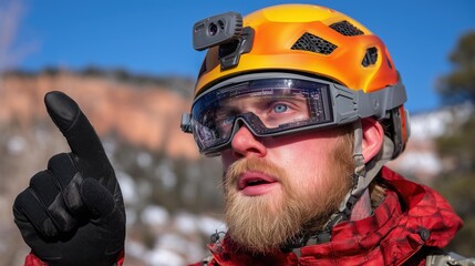 Mountain hiker in vibrant augmented reality gear, helmet and camera and pointing upward with determination, engaged in a conversation with a spatially aware AI assistant. 