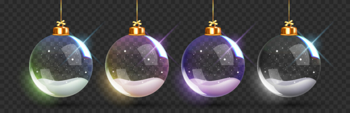 Christmas and New Year 3D glass bauble set with snow inside. Realistic transparent ornaments with snowflake details. Ideal for winter holiday decoration, greeting cards, and festive designs. - Powered by Adobe