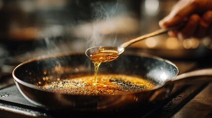 Macro close-up of hand pouring olive oil into a PFAS-free saut&eacute; pan with visible metal branding, golden drip and steam, gentle pull-back camera motion